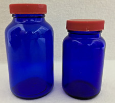 Glass Bottles Cobalt Blue With Red Lids Vintage Set of 2 Medicine