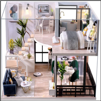 DIY Holz Puppenhaus 1:24 Maßstab Miniaturzimmer mit Möbeln