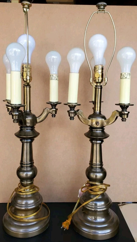 NICE Pair Stiffel Solid Brass Table Lamps 31 Inches Bronze Finish 4 Bulb 3 Way - Image 2 of 4