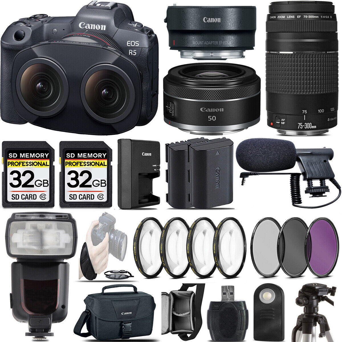 Canon EOS R5 Camera + 5.2mm 2.8L + 75-300 III + EF-EOS R Adapter + Flash-  Kit