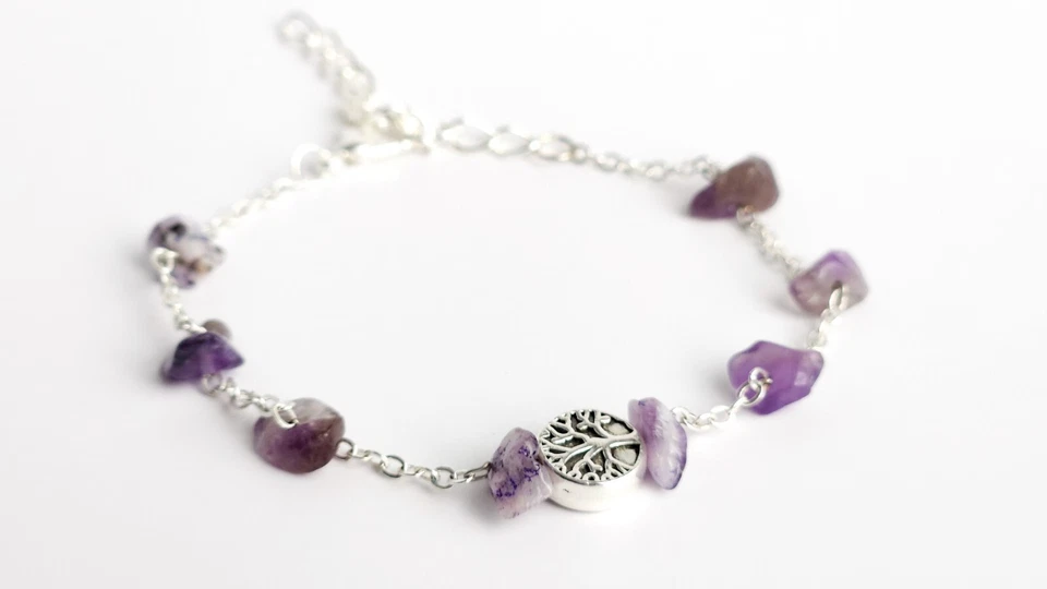 Nuevo Brazalete de Cuarzo Hecho a Mano Plata Tibetana Árbol de la Vida Dije Cristales Amatista Foto 2 de 4