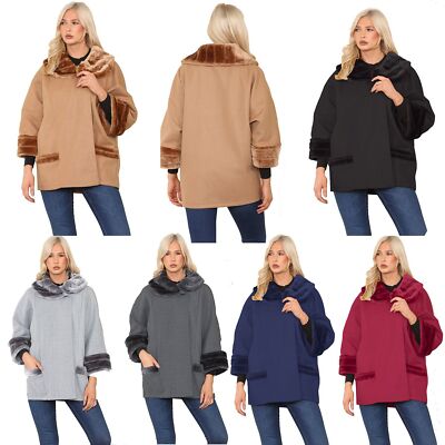 Damen italienische Kunstfell Umhang Schal Halstuch Poncho Mantel Jacke Übergröße 8-22