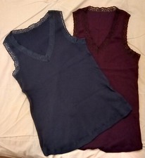 2 x George Ladies Vests Sleeveless Lace V Neck Navy Burgundy Size 12 - NEW
