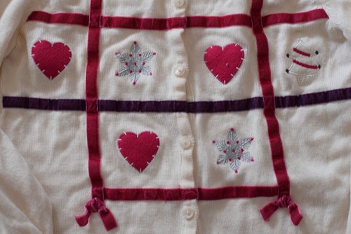 Charter Club Girls Cardigan Sweater 12 Ivory Christmas Velvet Bows Tree Heart - Picture 3 of 6