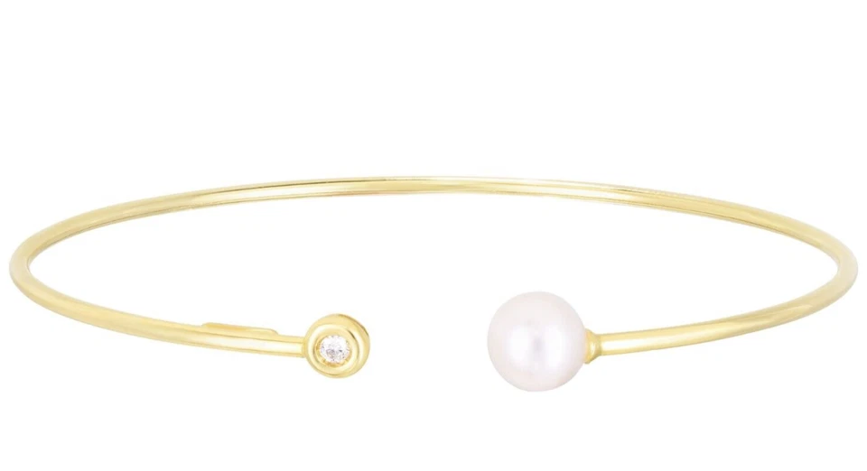 Brazalete brazalete de perlas de 0,035 quilates-7 mm de diamantes naturales de oro amarillo de 14 k 2 mm 6,5"