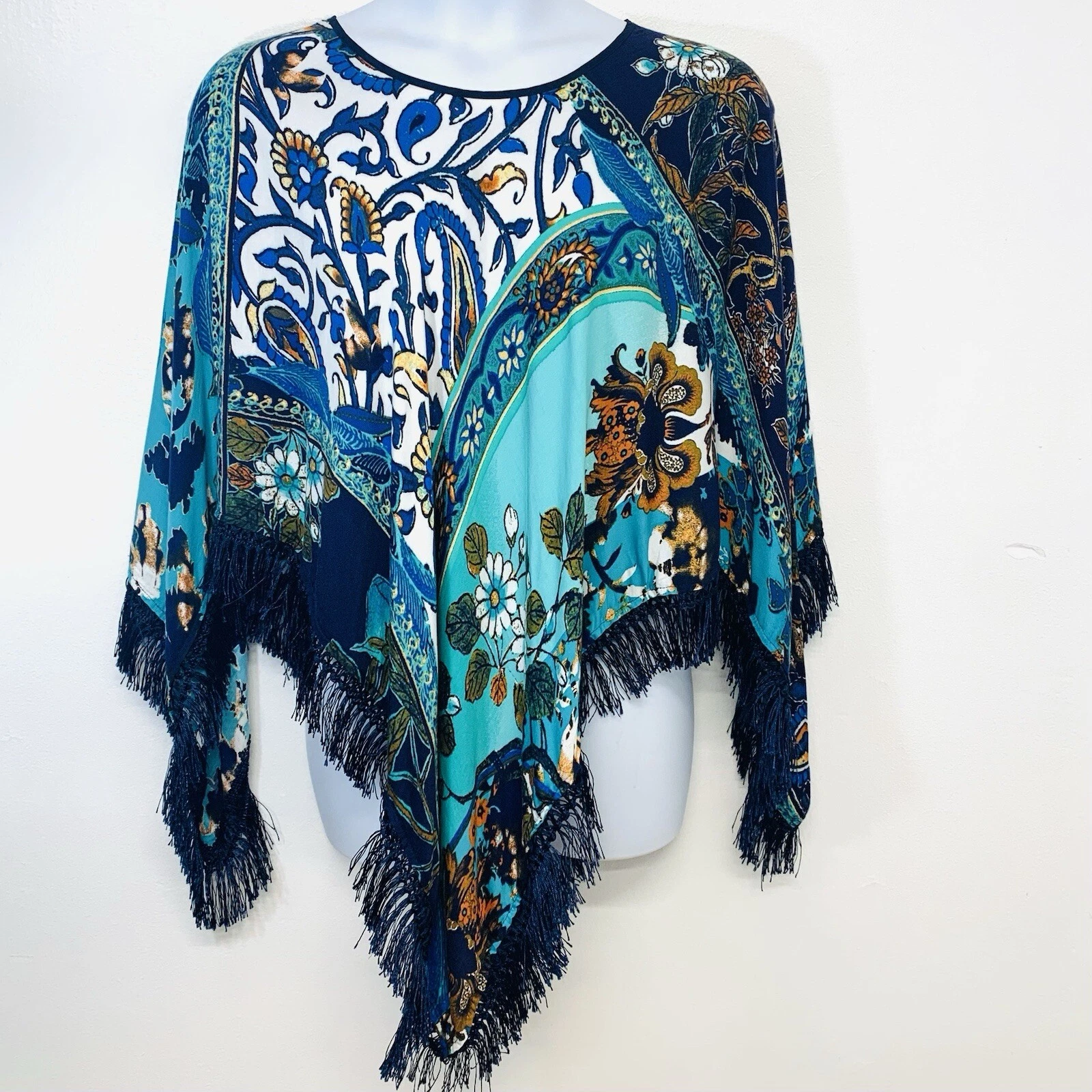 Chicos Fringe Poncho Top OS Blue Floral Lightweight Boho Fairy Tropical Travel