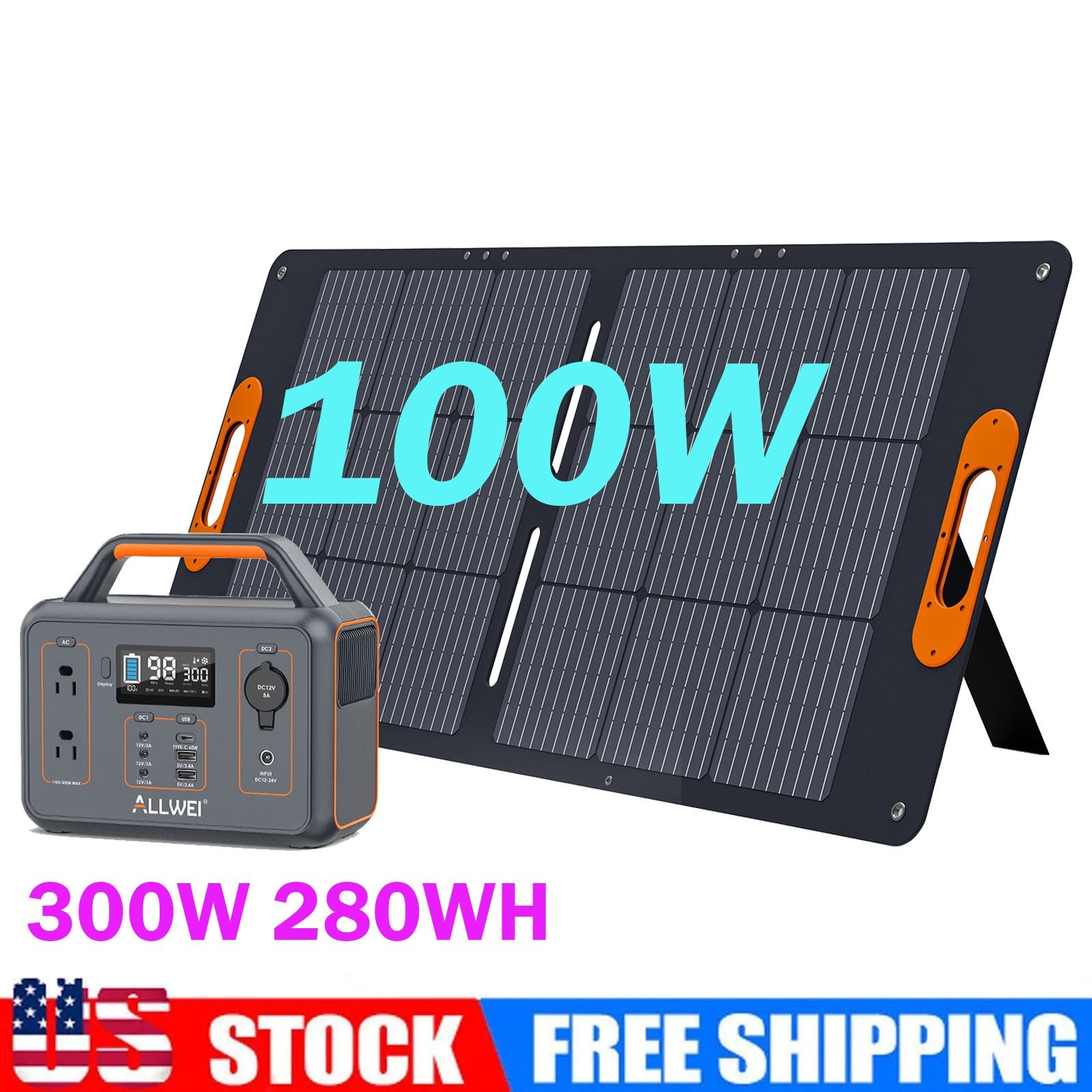 300W Portable Power Station Backup Battery Solar Generator with 100W Solar Panel