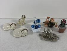 Miniature Dollhouse Pieces Flower Pots Cats Cups Stand Tea Set Dog