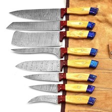 8PCS Handmade Damascus Steel Chef Knife Set Kitchen Knives w/ Leather Roll Bag