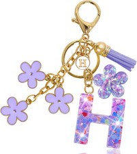 Resin Alphabet Initial Letter Keychain Tassel Flower Pendant Key Ring for Purse