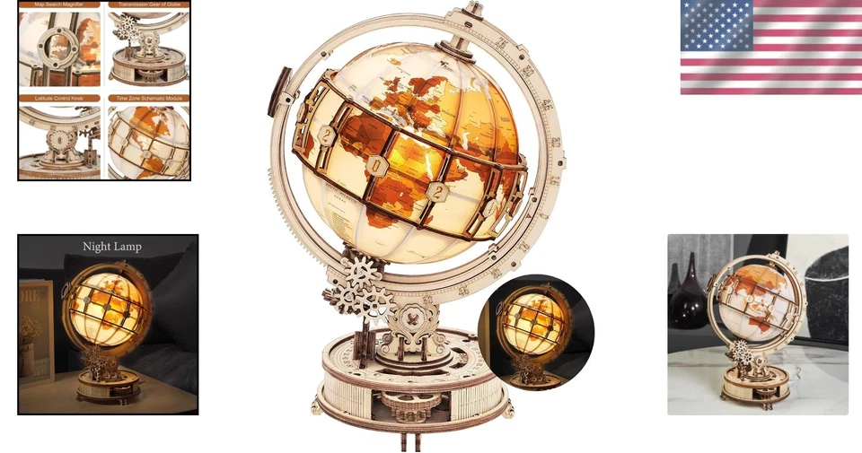 Wooden Globe 180pcs 3D Puzzle with LED Stand Home Decor Gift - Image 2 of 4