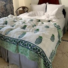 New Indian Cotton Kantha Quil king Bedspread Hand Block Print Blanket Coverlet