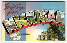 Vintage Michigan Large Letter Linen Postcard State Capitol Lansing Apple Blossom