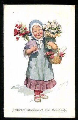 Artist postcard Karl holiday: girl has received many beautiful flowers for her birthday 