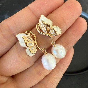 Authentic Natural Freshwater Pearl Earrings Bridal 14K Gold Plated Butterfly Stud