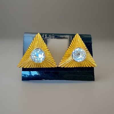 Vintage 1980s 1990s Fluted Triangle Runway Statement Couture Gold Earrings 2.5 