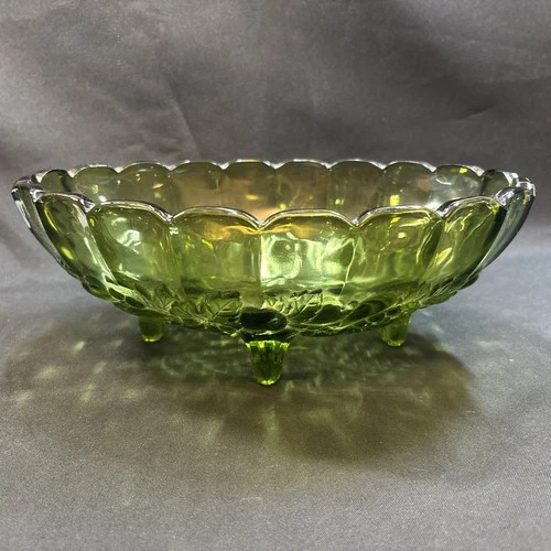 Iridescent Green Indiana Carnival Glass Footed Oval Fruit Bowl, Fruit Bowl