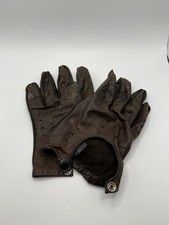 Vintage Brown Leather Driving Gloves Perforated Snap Closure Size L