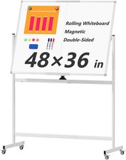 Large Rolling Whiteboard on Wheels, 48" x 36" Double-Sided Mobile White Board
