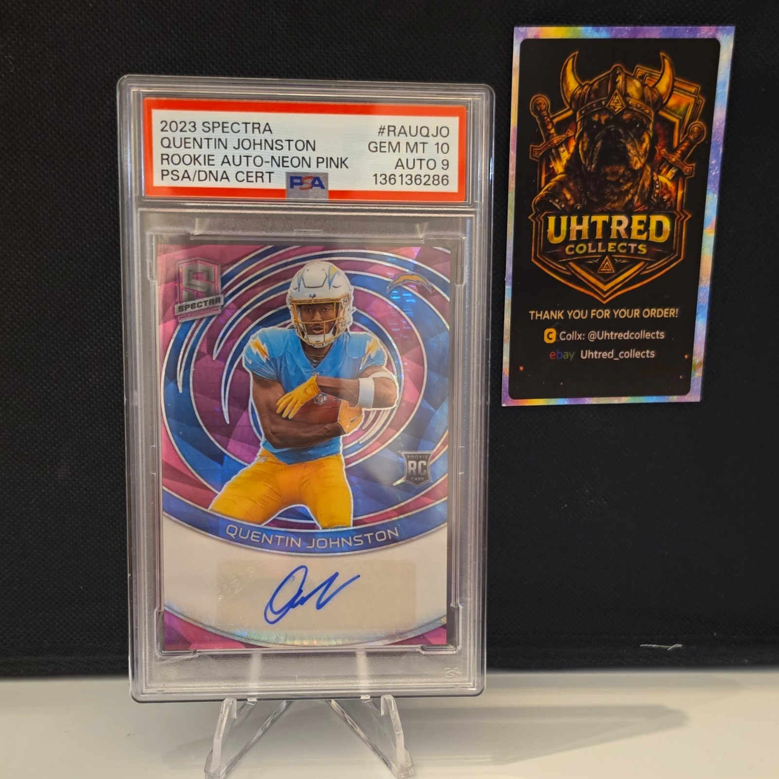 Panini 2023 Spectra Quentin Johnston Chargers RAU-14 Neon Pink /15 PSA 10, POP 1