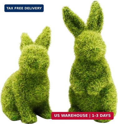 2Pcs Easter Moss Bunny Figurine, Flocked Rabbit Statue Figurine, Green Imitation