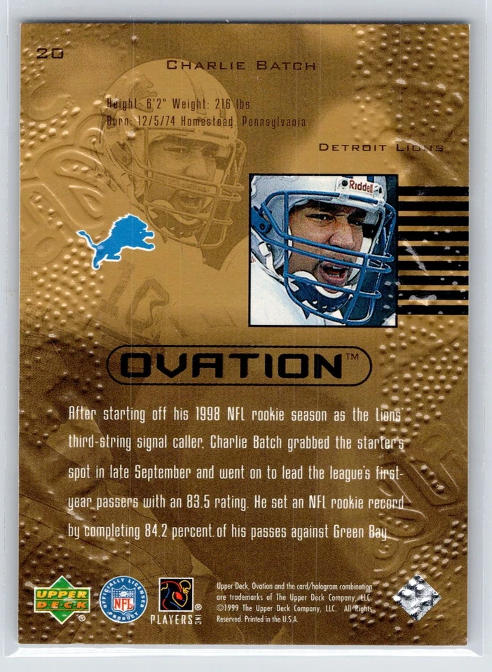 Charlie Batch 1999 Upper Deck Ovation #20 Detroit Lions - Image 2 of 2