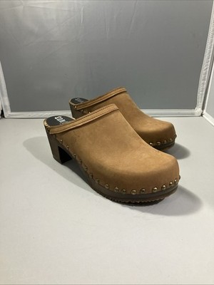 Sandgrens Athens Women Handmade Studded Tan Nubuck Leather Wooden Clog Mule 38
