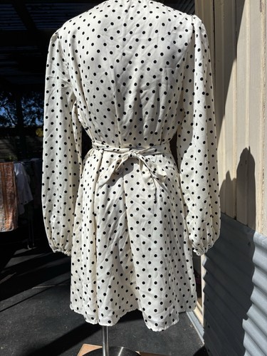 SAVEL Satin wrapdress polkadot black-and-white longsleeve size 12 - Picture 12 of 13