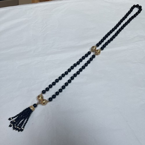 Necklace, Glass, Beaded, Black And Gold, Long, Vintage - Picture 2 of 11