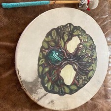 Artist Signed Stretched Animal Skin Drum Tree of Life Design With Drumstick