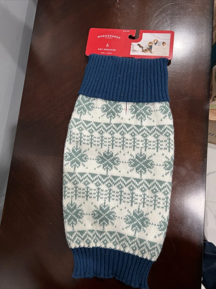 Pet Snowflake Knit Turtleneck Winter Sweater Blue Green White Size Small - Image 3 of 3
