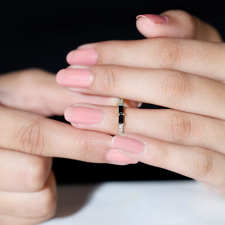 Baguette Black Onyx & Round Simulated Sapphire Minimalist Women's Finger Ring