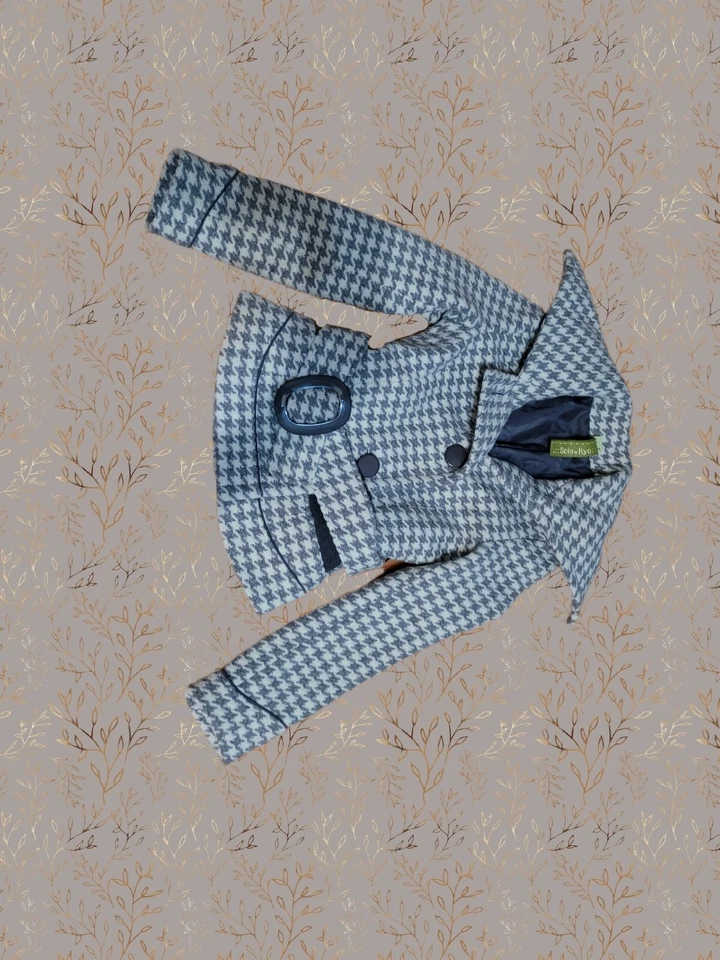 Chaqueta Abrigo Mujer Soia & Kyo Tweed Cuadros Gris y Crema Perros Dientes Lana Cinturón  Foto 2 de 4