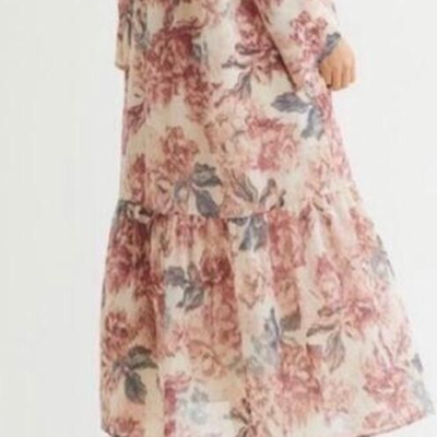 H&M Pink Beige Modest Floral Midi Maxi Long Sleeve Chiffon Dress Size M 12  14 16 | eBay