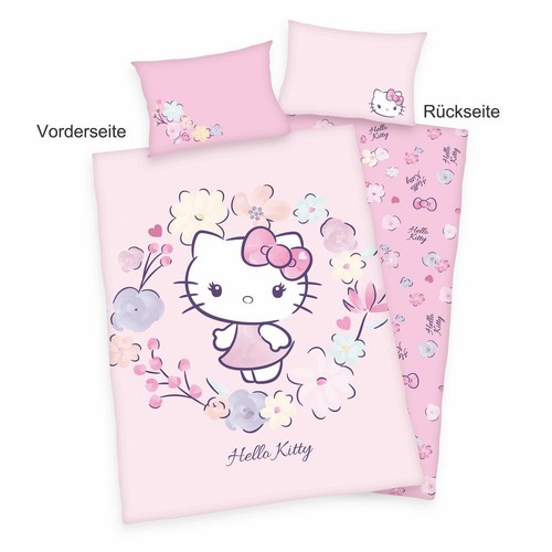 Herding Renforcé Wende Bettwäsche 2 tlg. 100x135cm Hello Kitty Rosa Blumen RV - Bild 2 von 8