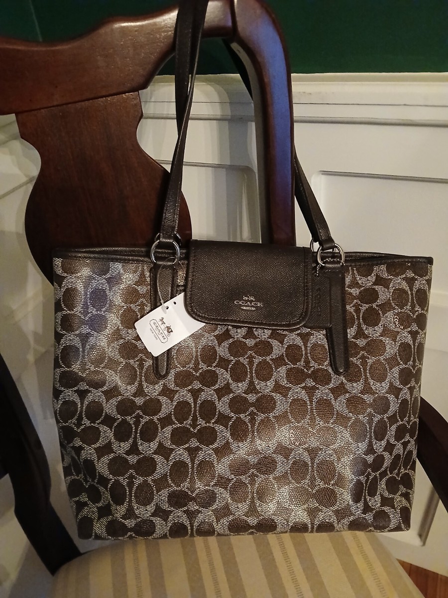 Coach Khaki Saddle Signature Coated Canvas Large City Zip Tote