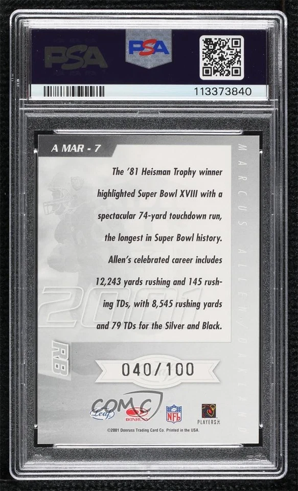 2001 Quantum Leaf All-Millennium Marks /100 Marcus Allen PSA 9 MINT Auto HOF - Image 2 of 2