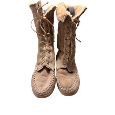 Vintage Tan Suede Tall Moccasin Boots Shearling Lined Lace Up Made in USA Sz 12