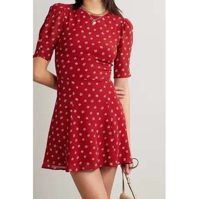REFORMATION Bard Floral Print Crepe Mini Dress Puff Sleeve Tie Red White Size 6
