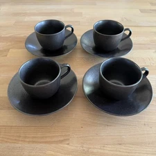 Vintage Lindt Stymeist Craftworks Black Speckled Coffee Tea Cups with Saucers x4