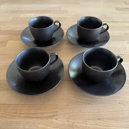 Vintage Lindt Stymeist Craftworks Black Speckled Coffee Tea Cups with Saucers x4