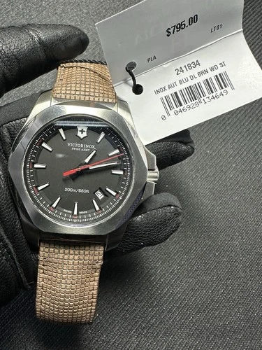 Victorinox Inox Men's Swiss Quartz Watch Brown Leather Strap Black Dial 241723