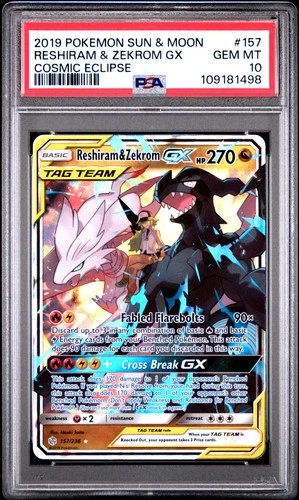 2019 POKEMON SUN & MOON COSMIC ECLIPSE #157 RESHIRAM & ZEKROM GX PSA 10