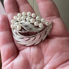 Vintage Trifari Faux Pearl Leaf Brooch – Silver Tone Mid Century Costume Jewelry