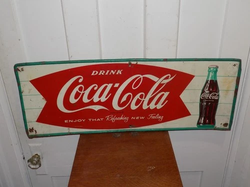 Vintage Drink Coca Cola Fishtail Metal Sign