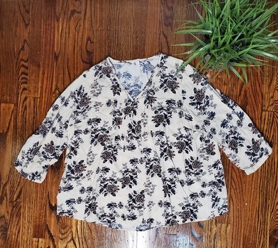 Fun2Fun Women's Floral Henley Quarter Sleeve Boho Blouse Cream,Navy & Browm 2XL