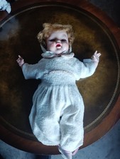Baby Girl Doll Blonde Curly Hair Brown Sleep Eyes Cloth Body Light Complexion