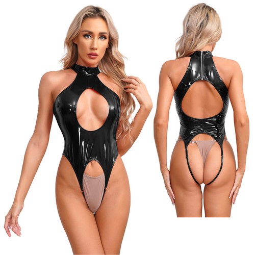 Damen Sexy Glänzend PVC Leder Dessous Bodysuits Teddy Trikot Backless Clubwear - Picture 50 of 65
