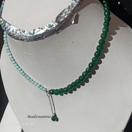 Natural Green Aventurine and Larimar Beads Silver Chain Necklace Gift for Her - Picture 4 of 6