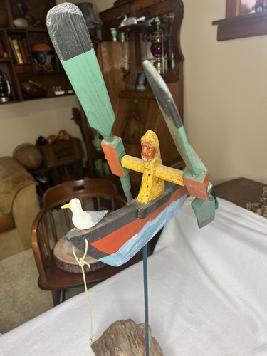 Vintage Carved Whirligig By Dick Steele Of Old Man & Sea On Drift Wood Base-Nice - Picture 3 of 21